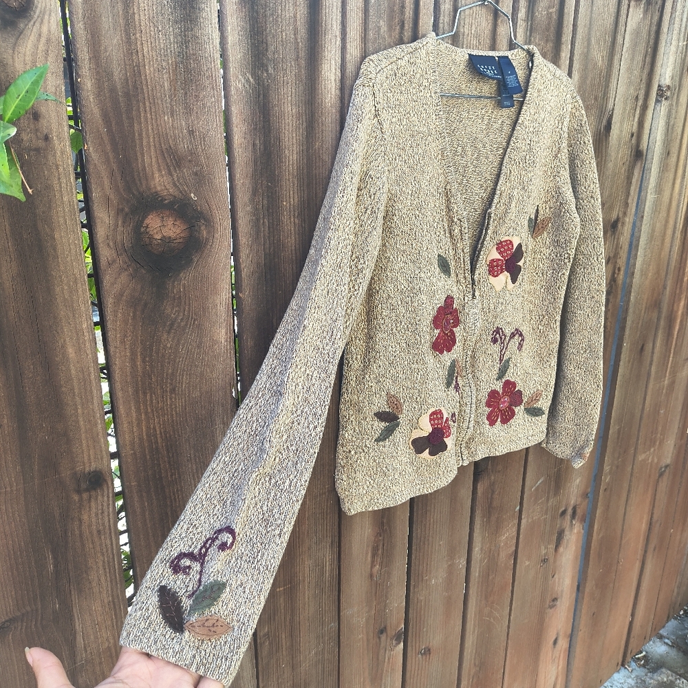 VINTAGE | Crazy HorseLiz Clairborne Zip Cardigan Embroidered Floral Brown - Picture 2 of 9